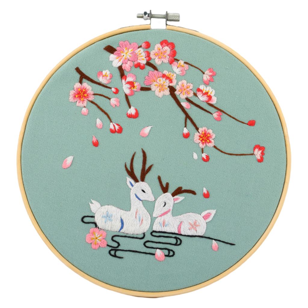 Cross Stitch Kit DIY Floral Flower Sewing Embroidery with Hoop Two Deers
