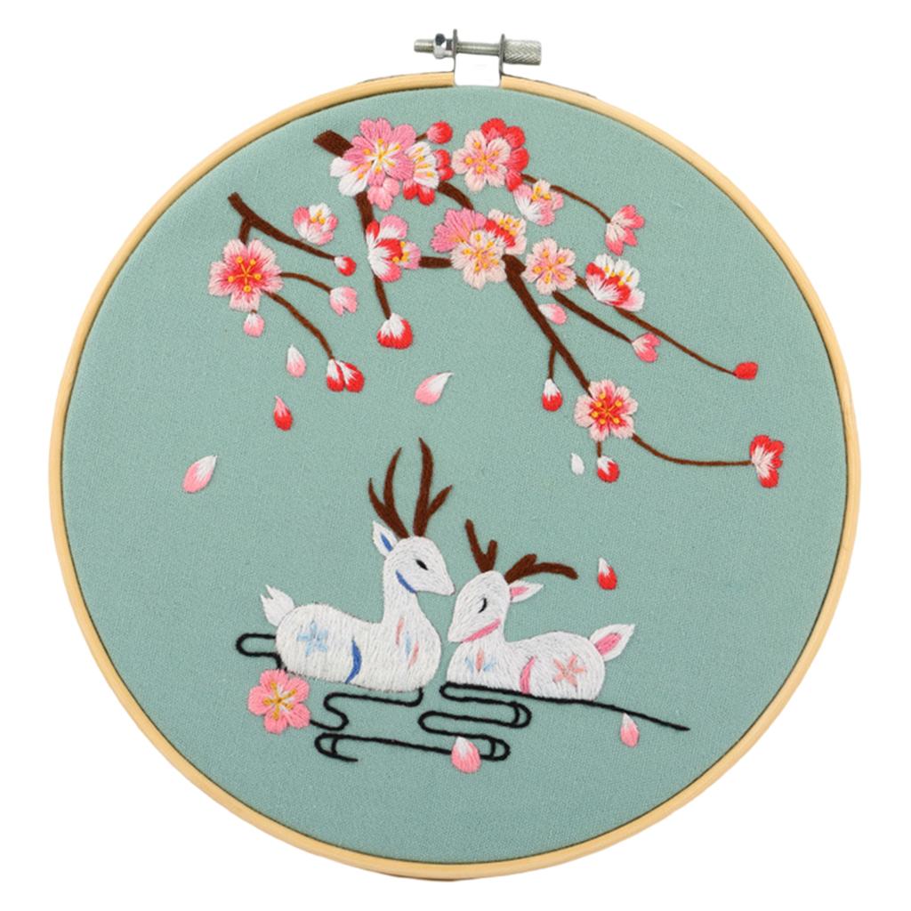 Cross Stitch Kit DIY Floral Flower Sewing Embroidery with Hoop Two Deers