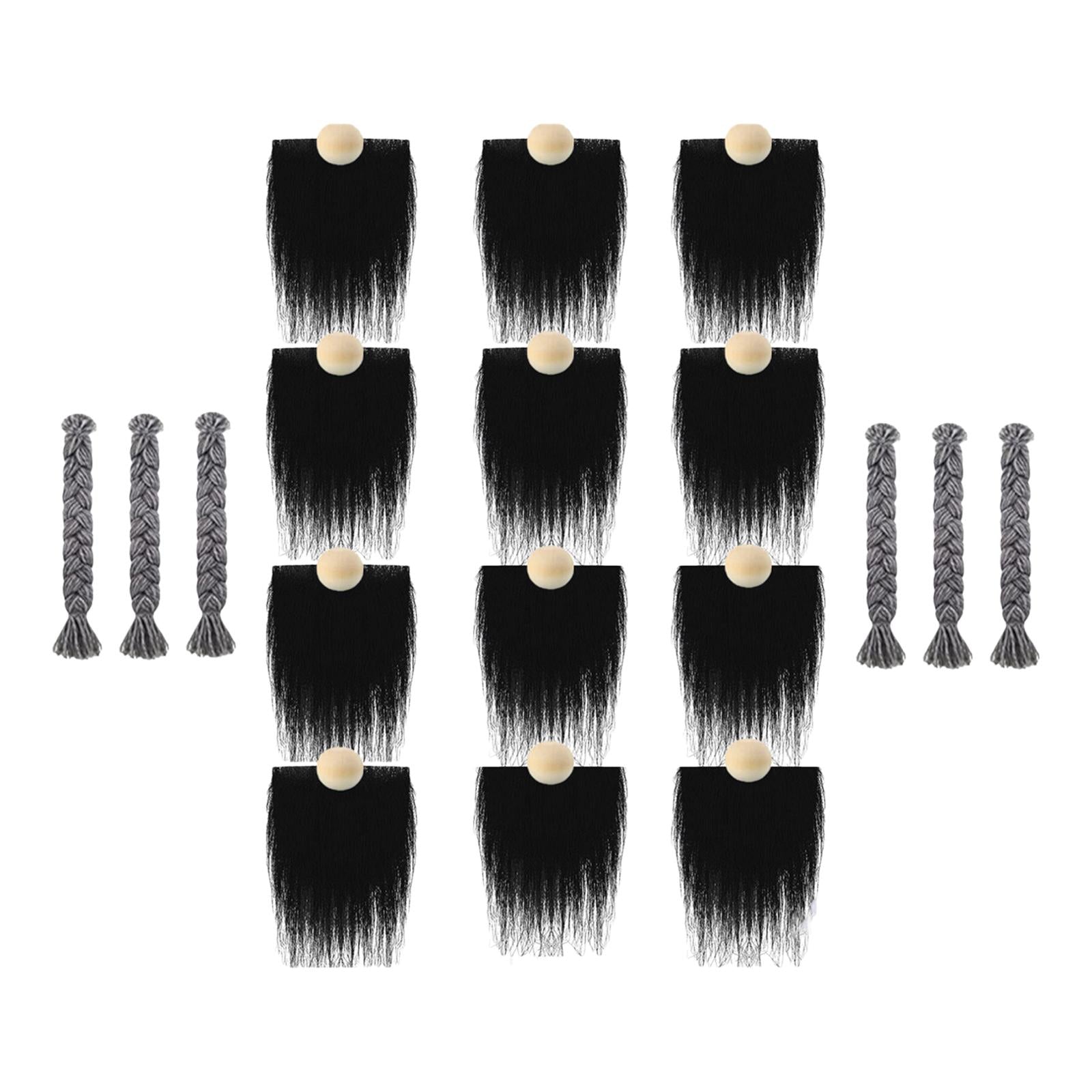 12x Pre-Cut Faux Fur Beard with Small Unfinished Wooden Balls for DIY Gnome Black
