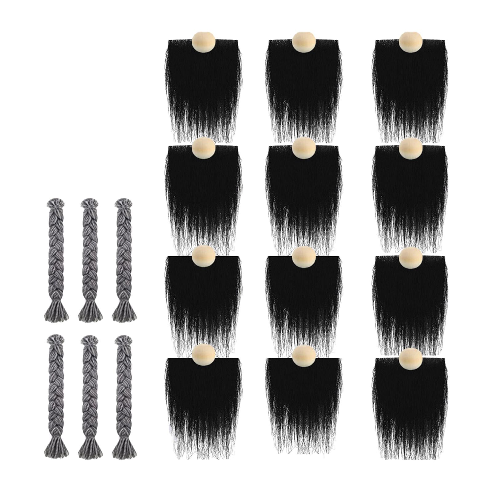 12x Pre-Cut Faux Fur Beard with Small Unfinished Wooden Balls for DIY Gnome Black