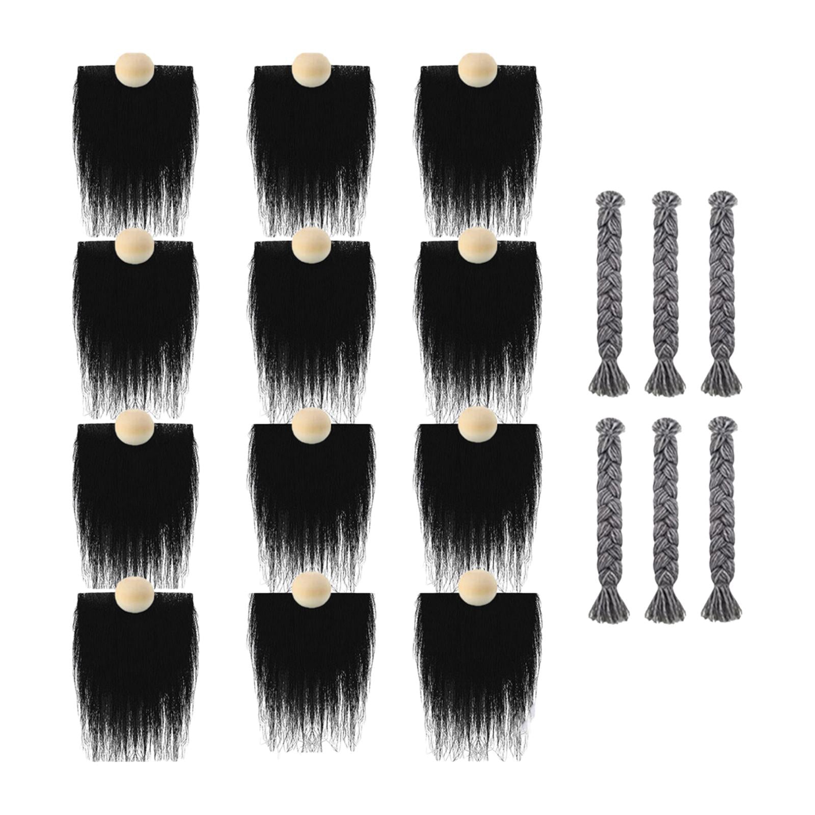 12x Pre-Cut Faux Fur Beard with Small Unfinished Wooden Balls for DIY Gnome Black