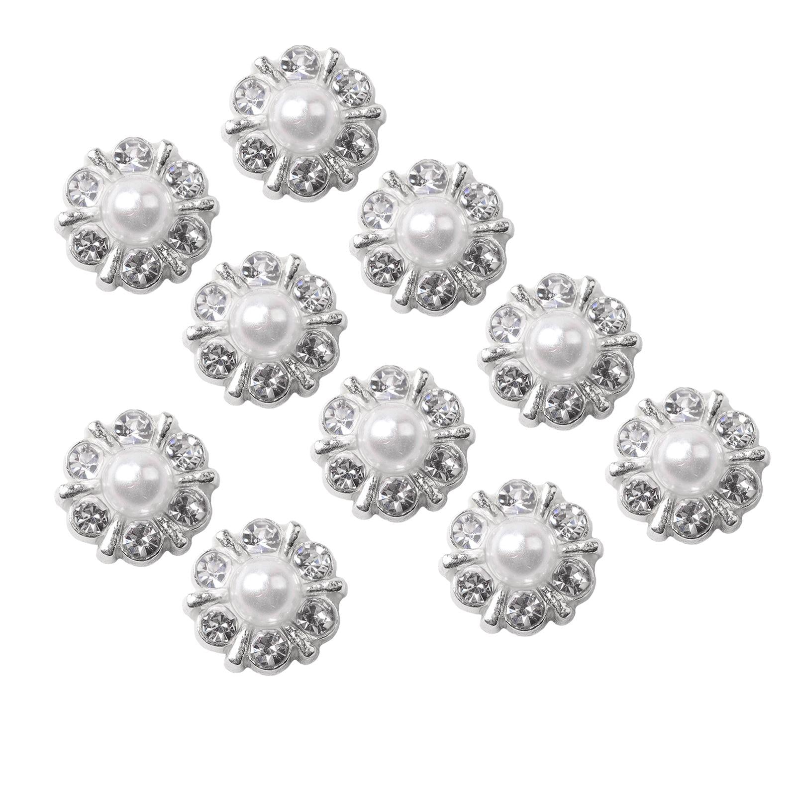 10 Pieces Small Rhinestone Pearl Buttons Round Alloy Flatback Buttons Silver
