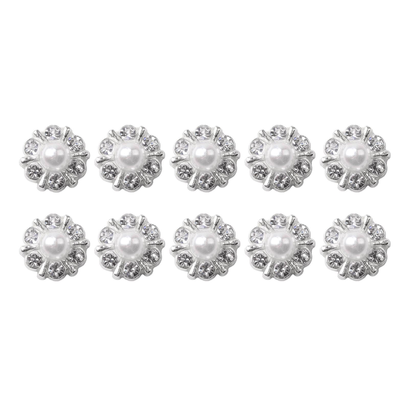 10 Pieces Small Rhinestone Pearl Buttons Round Alloy Flatback Buttons Silver