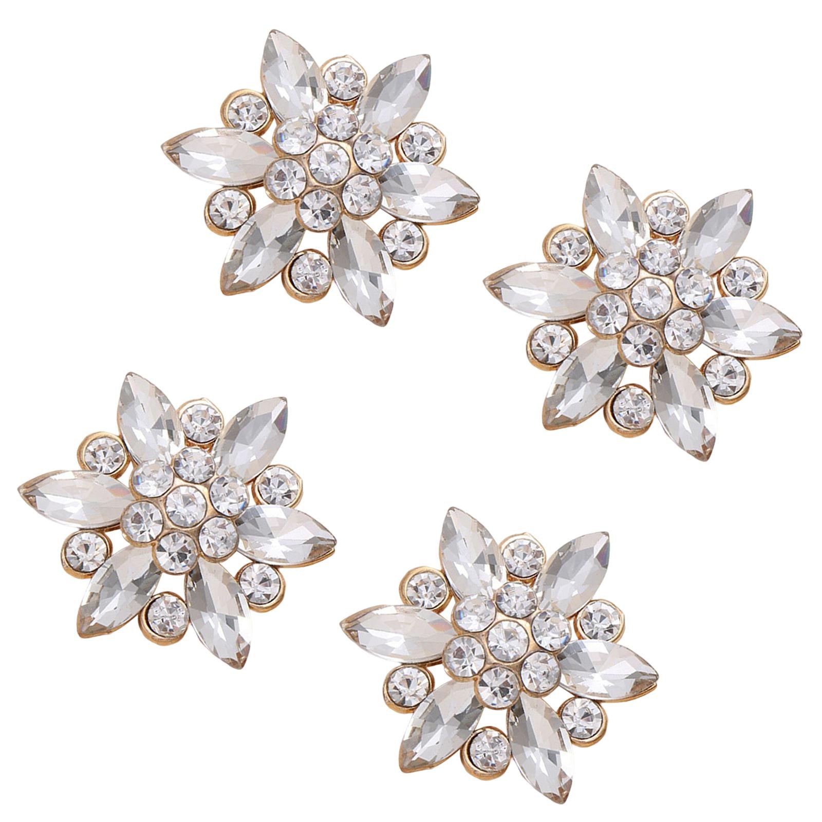4Pcs Bling Fashion Rhinestone Buttons Flower Decorative Embellishment Gold