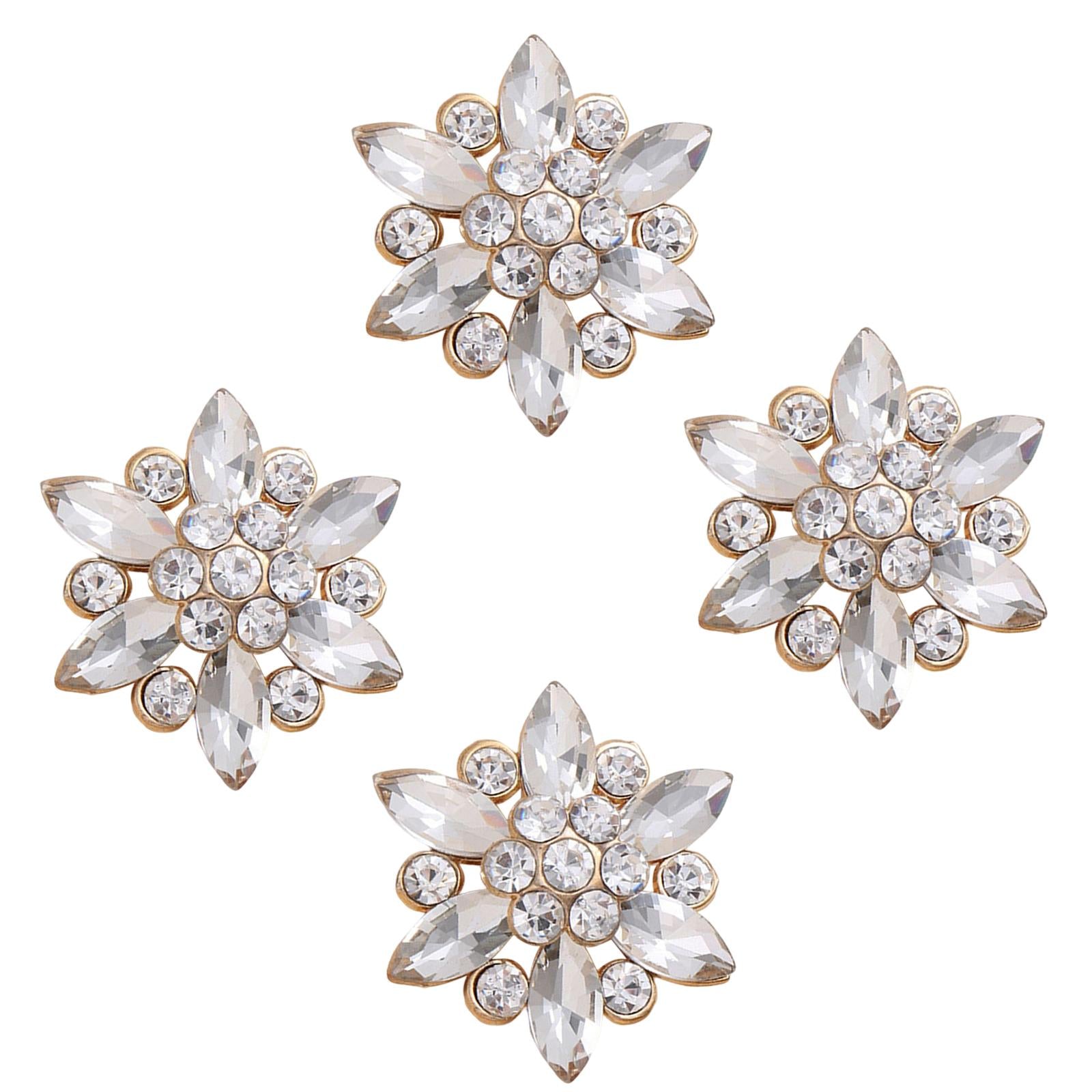 4Pcs Bling Fashion Rhinestone Buttons Flower Decorative Embellishment Gold