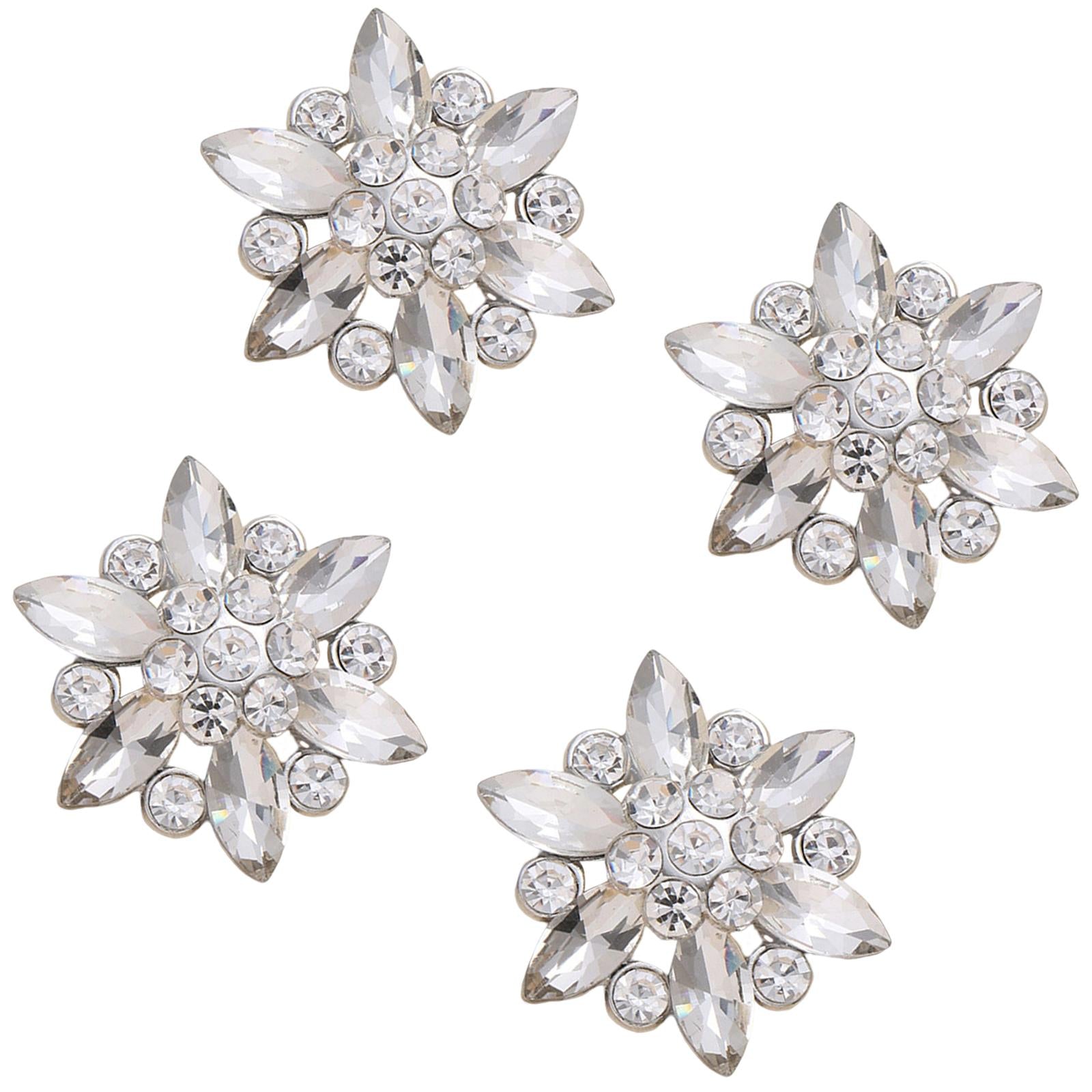 4Pcs Bling Fashion Rhinestone Buttons Flower Decorative Embellishment Silver