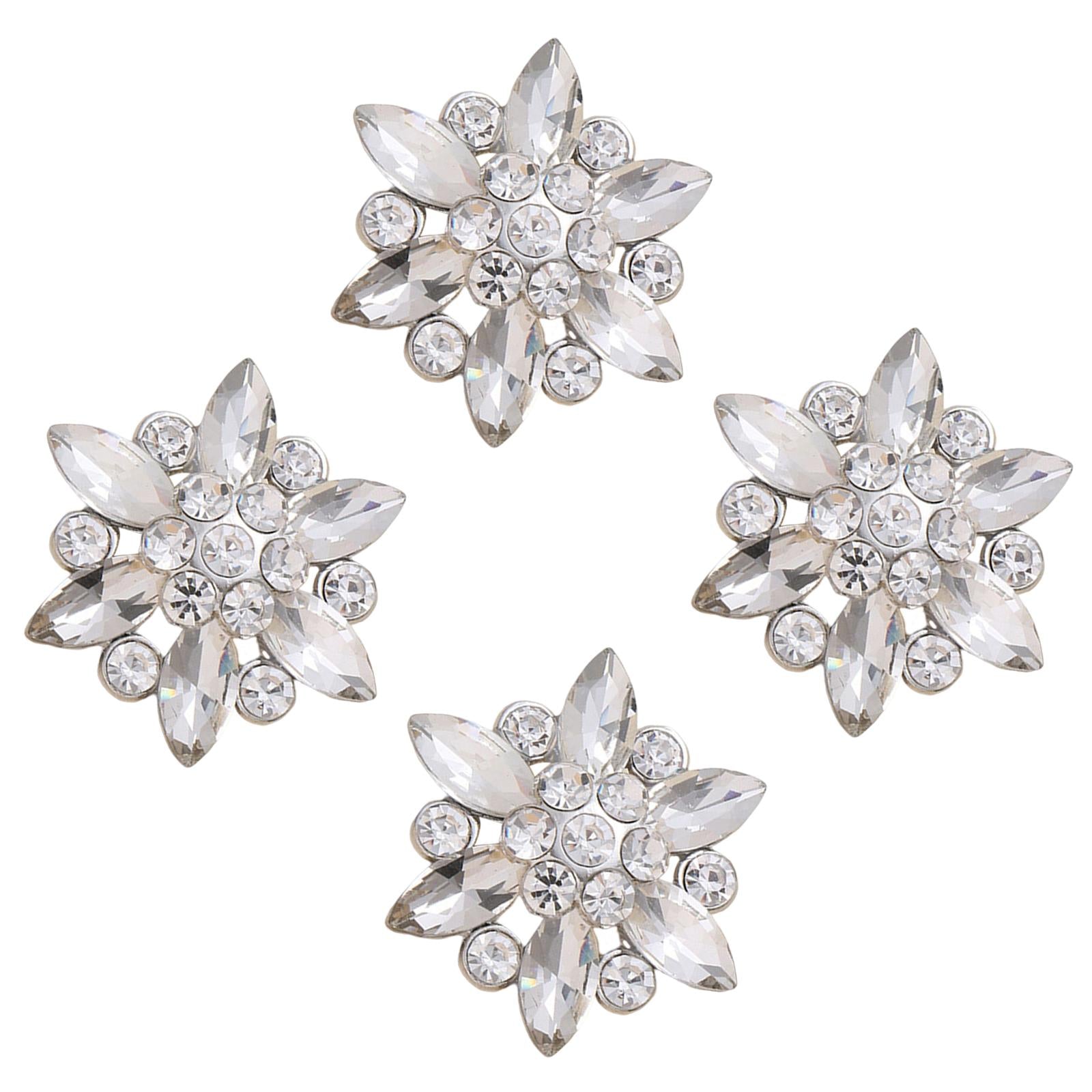 4Pcs Bling Fashion Rhinestone Buttons Flower Decorative Embellishment Silver