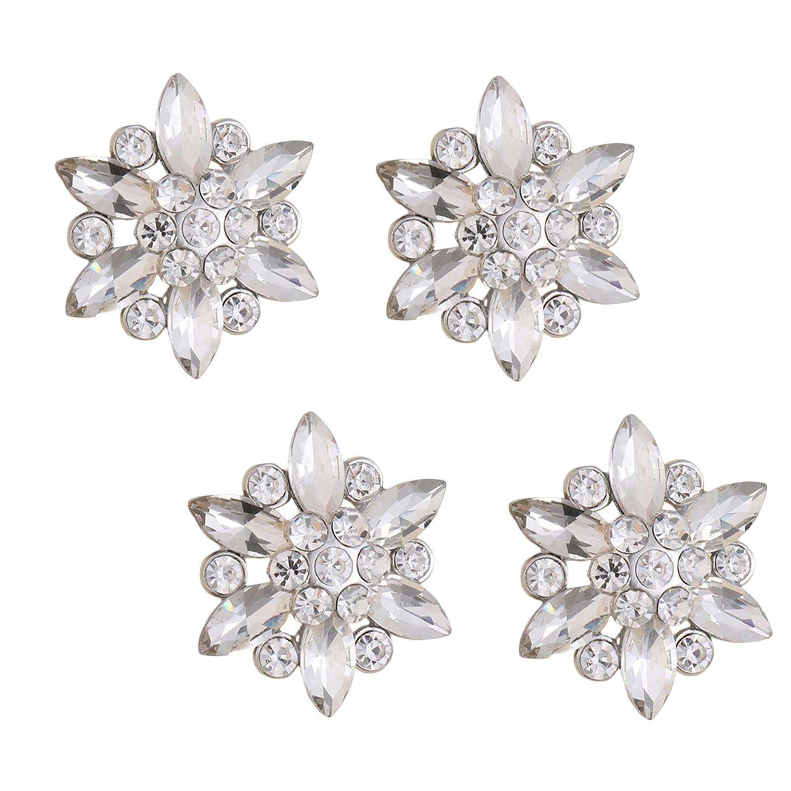 4Pcs Bling Fashion Rhinestone Buttons Flower Decorative Embellishment Silver
