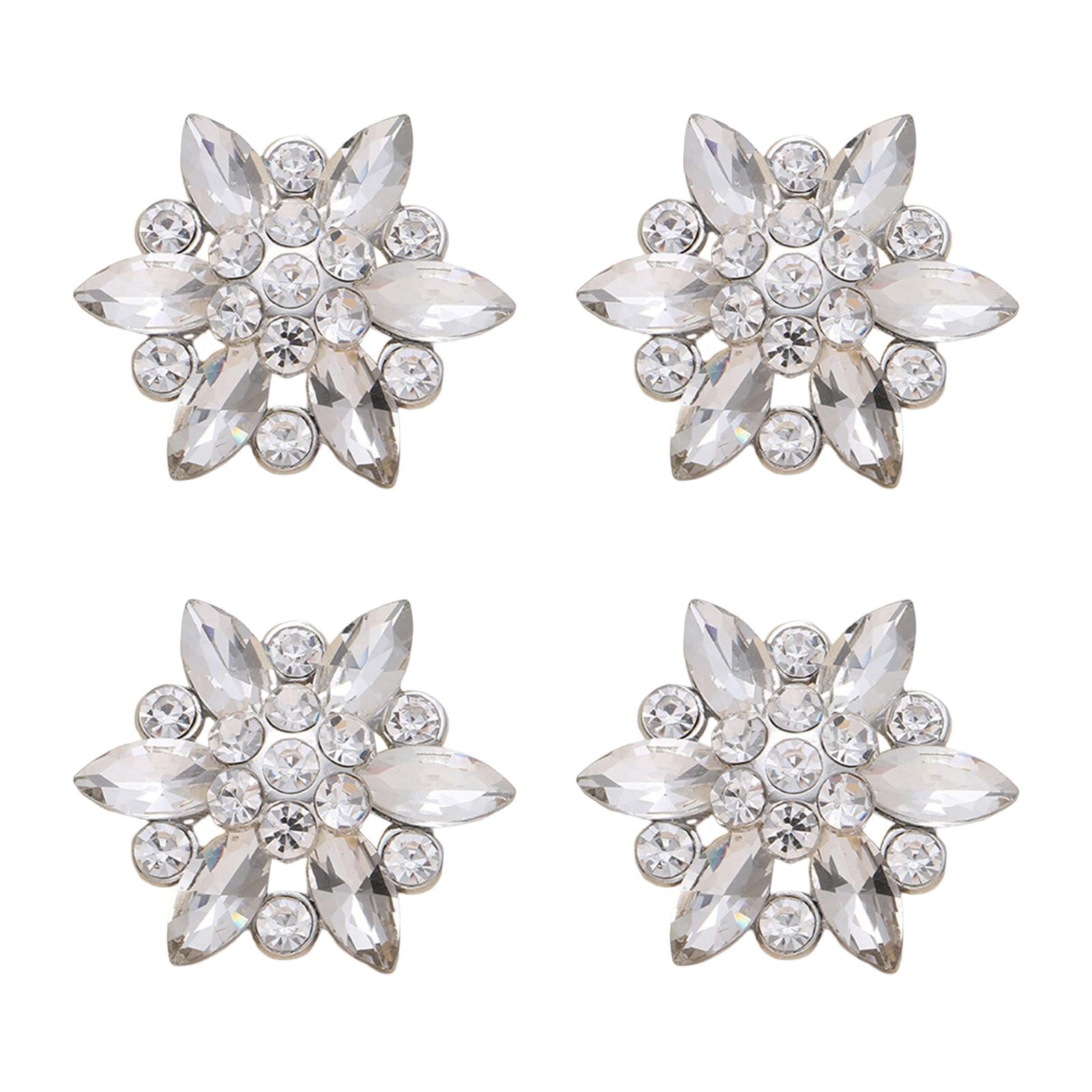 4Pcs Bling Fashion Rhinestone Buttons Flower Decorative Embellishment Silver