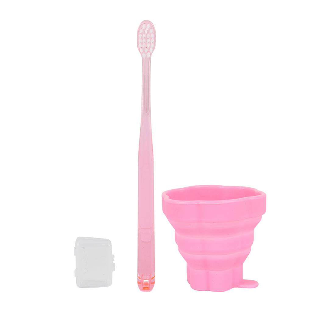 Reusable Silicone Expandable Collapsible Travel Cup with Toothbrush Pink