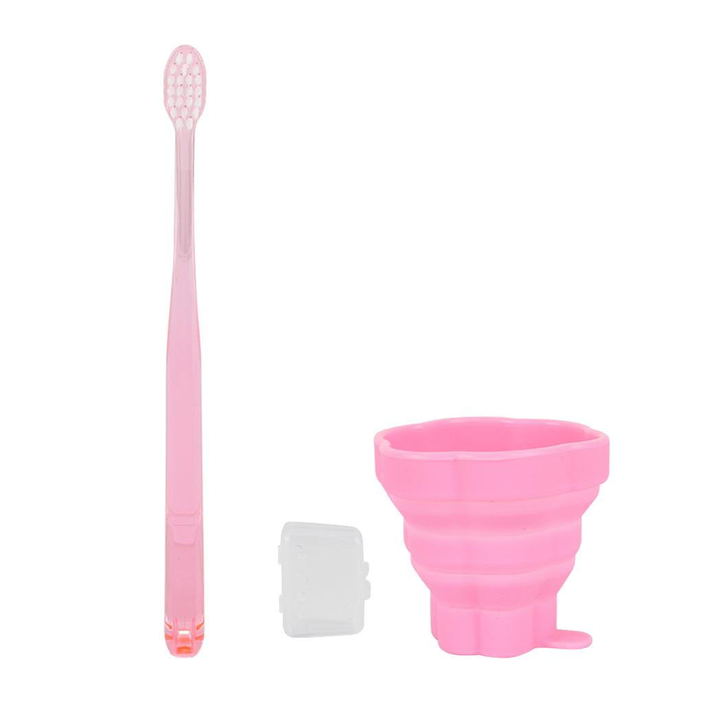 Reusable Silicone Expandable Collapsible Travel Cup with Toothbrush Pink