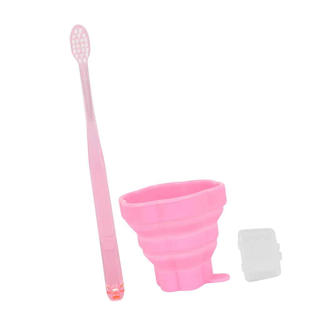 Reusable Silicone Expandable Collapsible Travel Cup with Toothbrush Pink