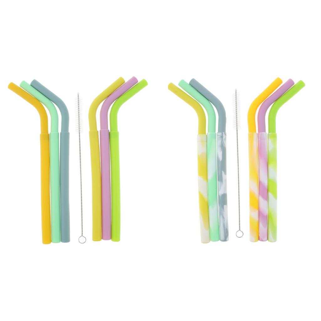 6x Silicone Flexible Reusable Straight Bendy Drinking Straws + Brush Set 01
