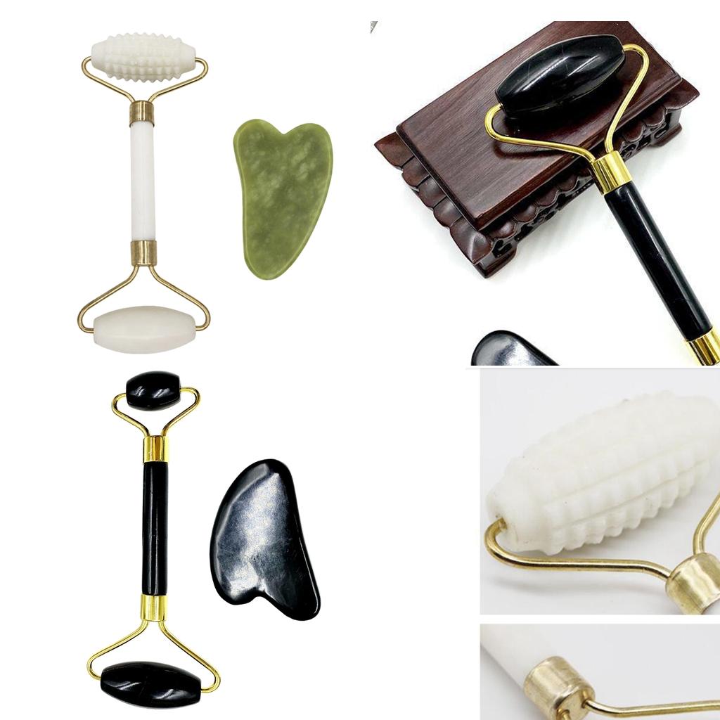 Double Heads Jade Face Roller Gua Sha Tool Set for Skin Lift  Green
