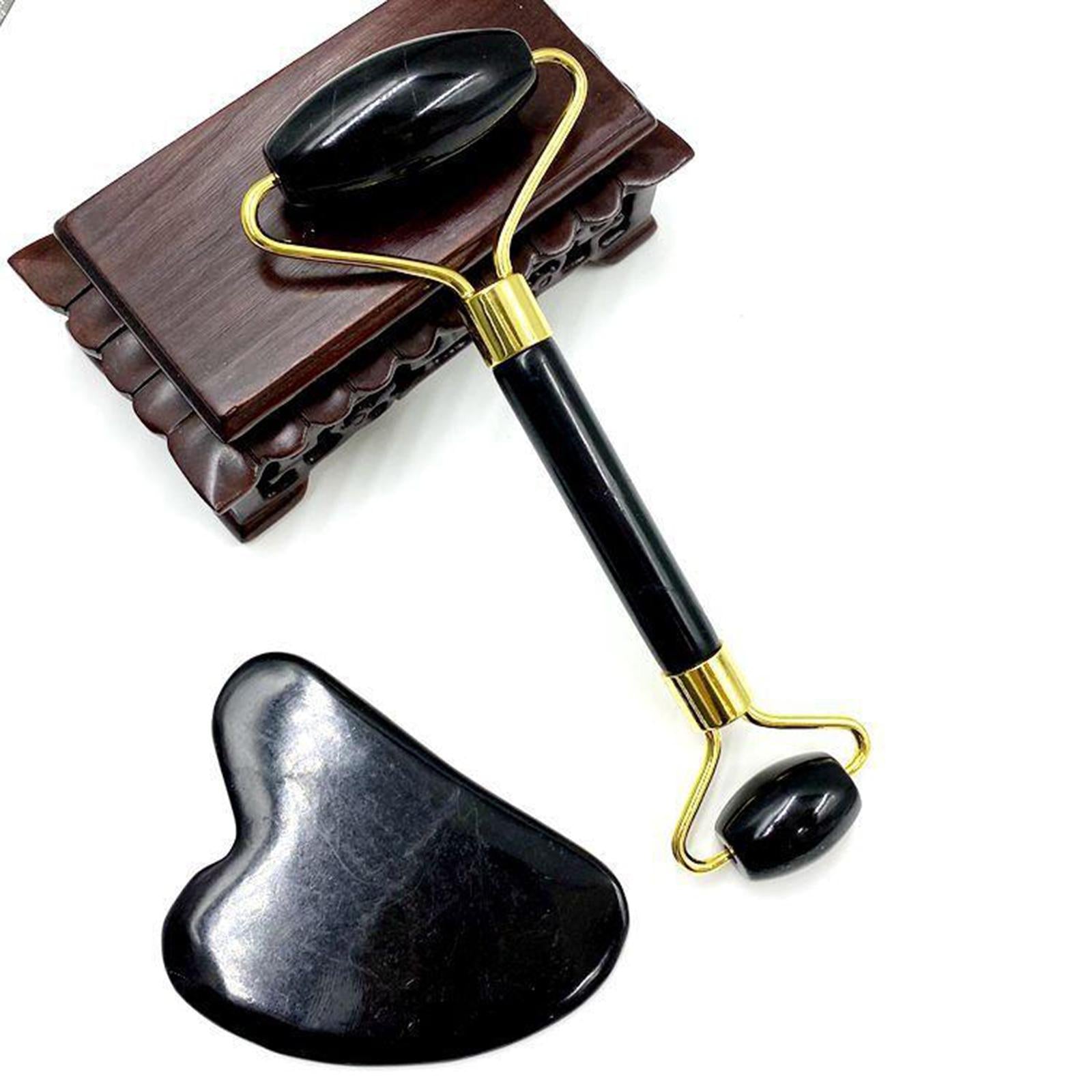 Double Heads Jade Face Roller Gua Sha Tool Set for Skin Lift  Black