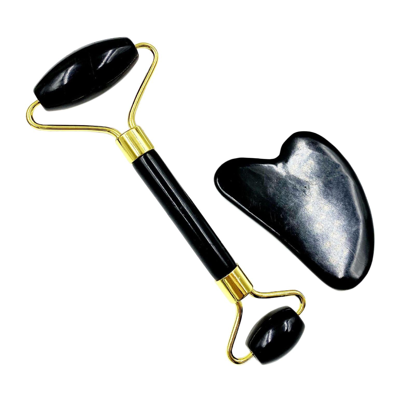 Double Heads Jade Face Roller Gua Sha Tool Set for Skin Lift  Black