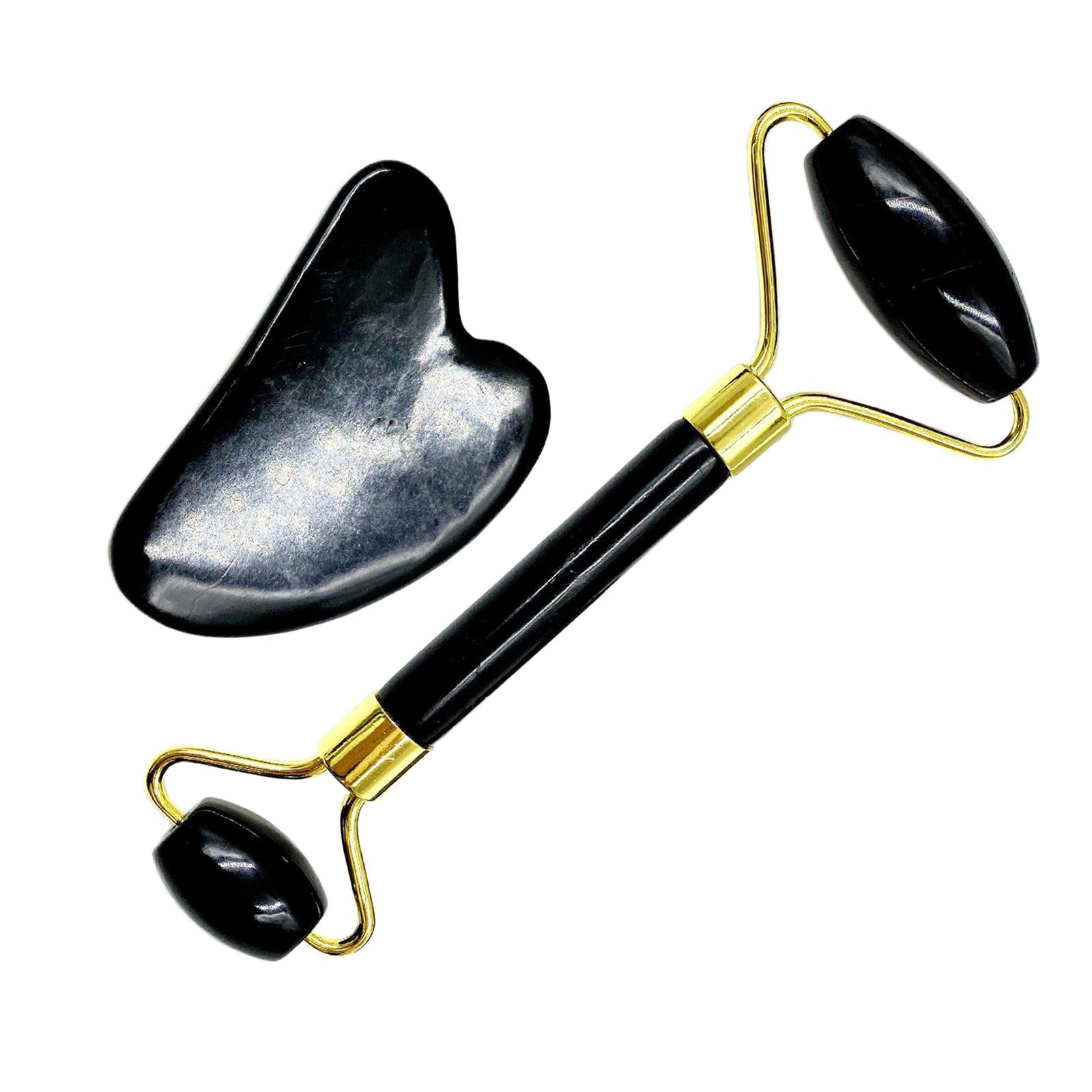 Double Heads Jade Face Roller Gua Sha Tool Set for Skin Lift  Black