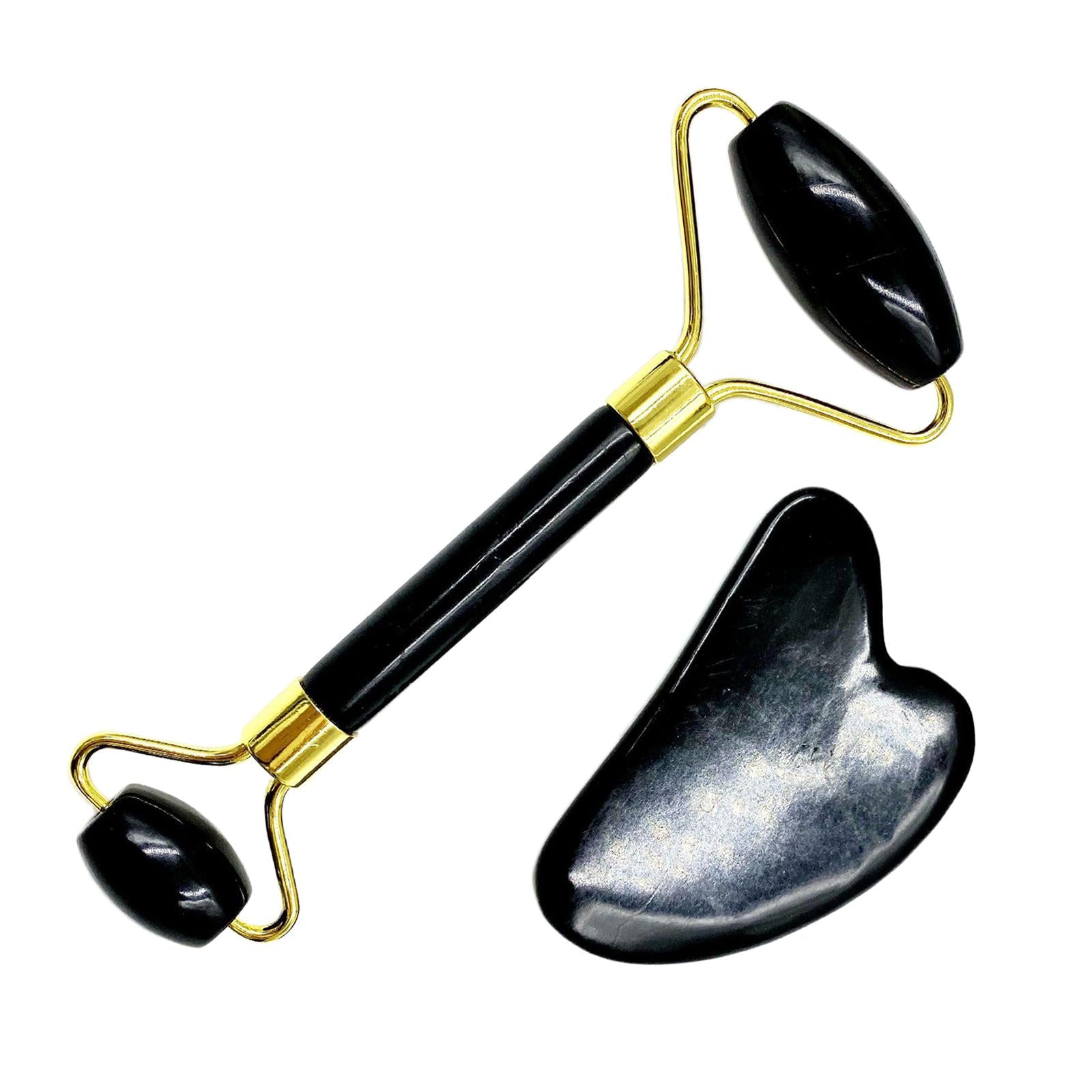 Double Heads Jade Face Roller Gua Sha Tool Set for Skin Lift  Black