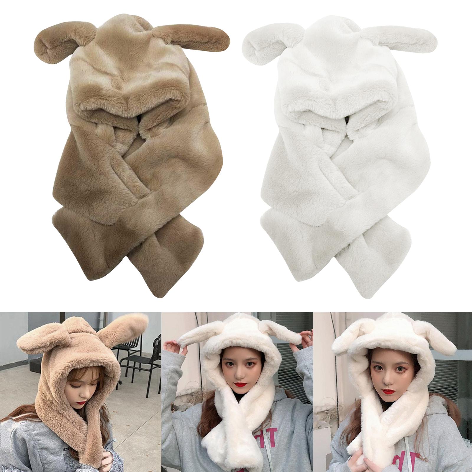 Girl Fashion Plush Hat Scarf Set Rabbit Ear Novelty Caps Hooded Scarf Khaki