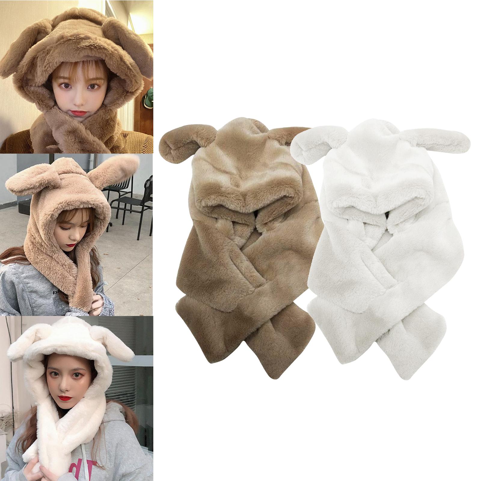 Girl Fashion Plush Hat Scarf Set Rabbit Ear Novelty Caps Hooded Scarf Khaki