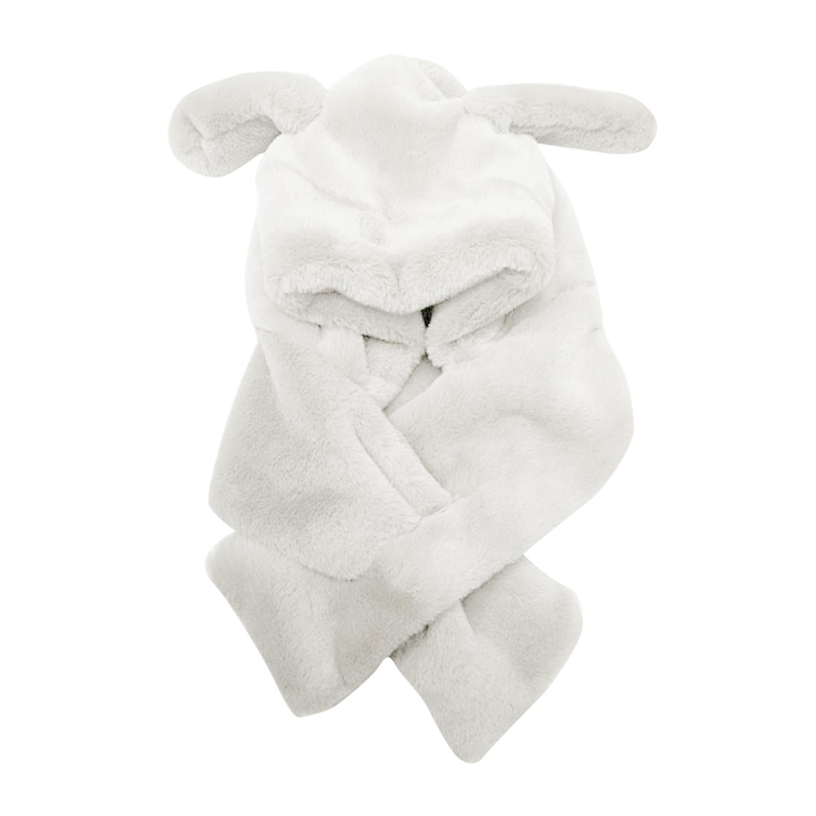 Girl Fashion Plush Hat Scarf Set Rabbit Ear Novelty Caps Hooded Scarf White