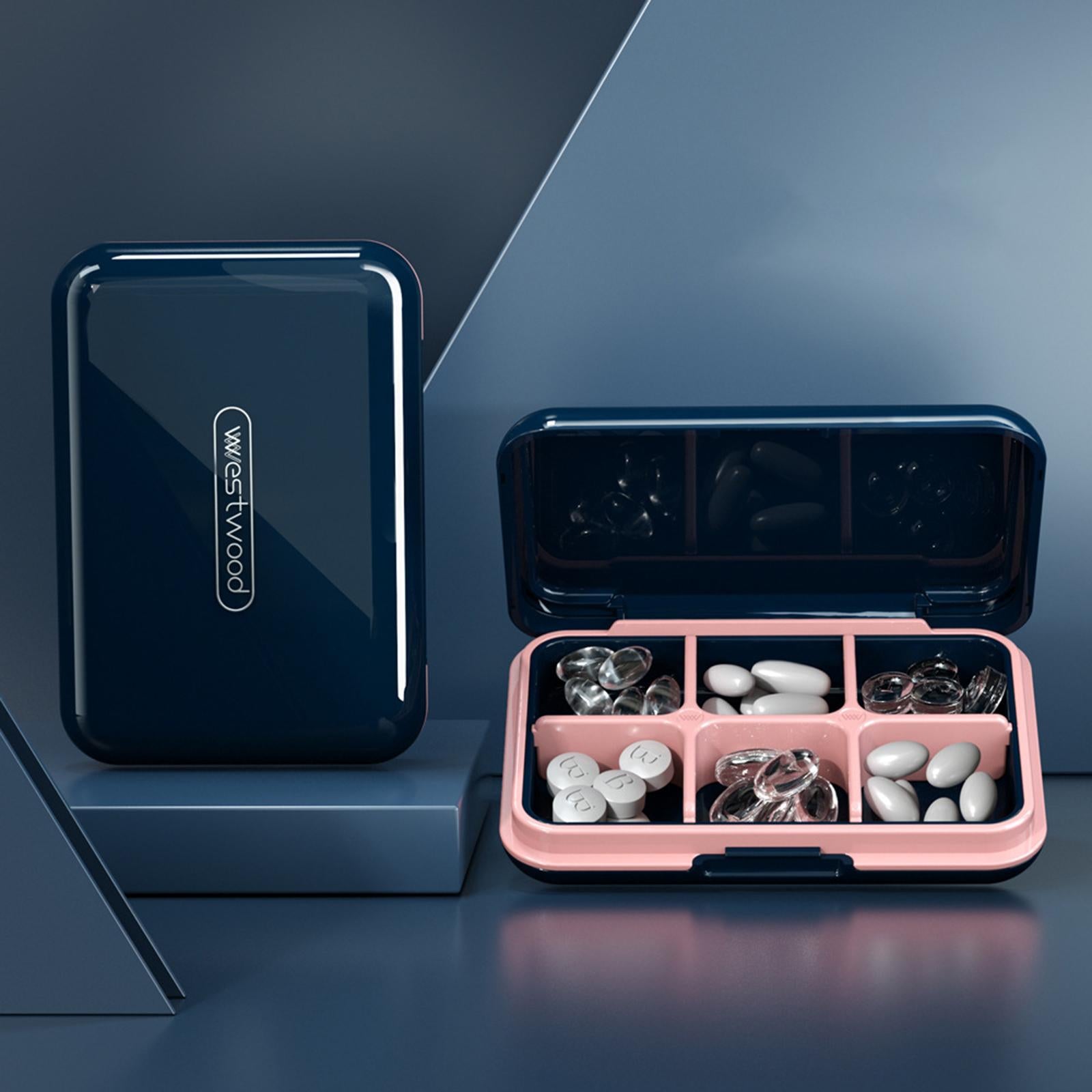 6 Compartments Pill Box Container Small for Capsules Supplements Pills blue