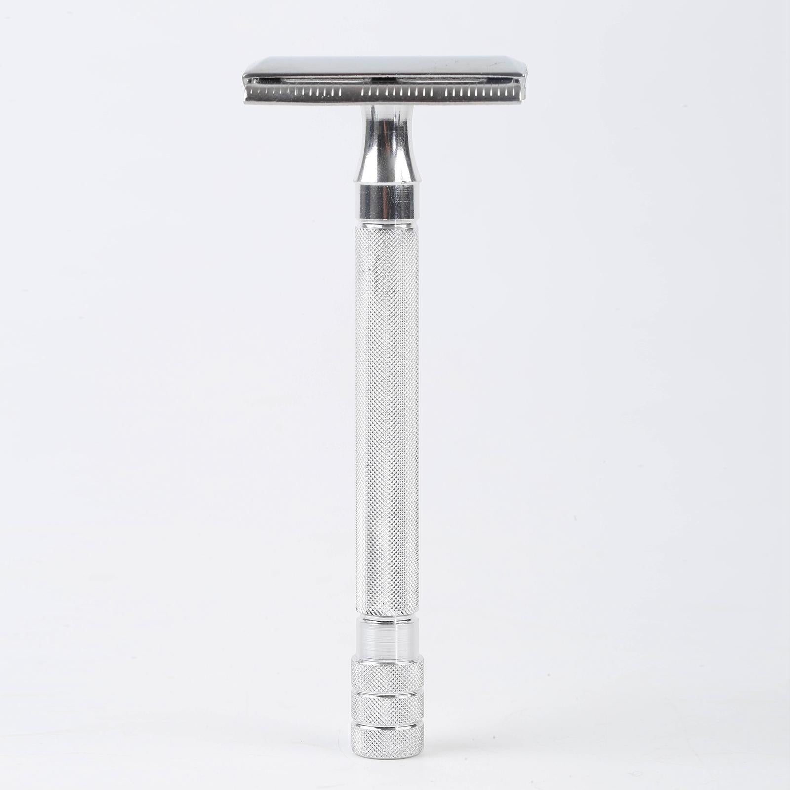 Classic Metal Double Edge Safety Razor for Men Everyday Use w/ Brush Silver