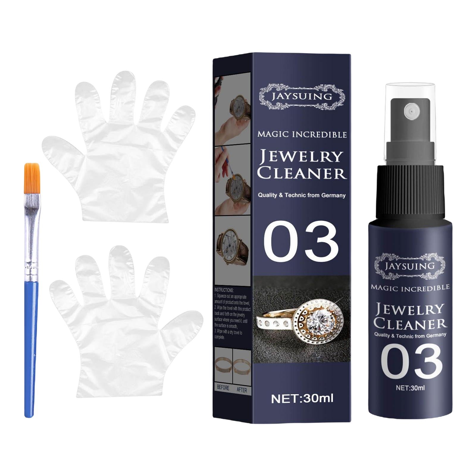 Jewelry Cleaner Cleaning Spray Stain Free for Necklace Silver Earrings Watch 30mlwith Glove Brush