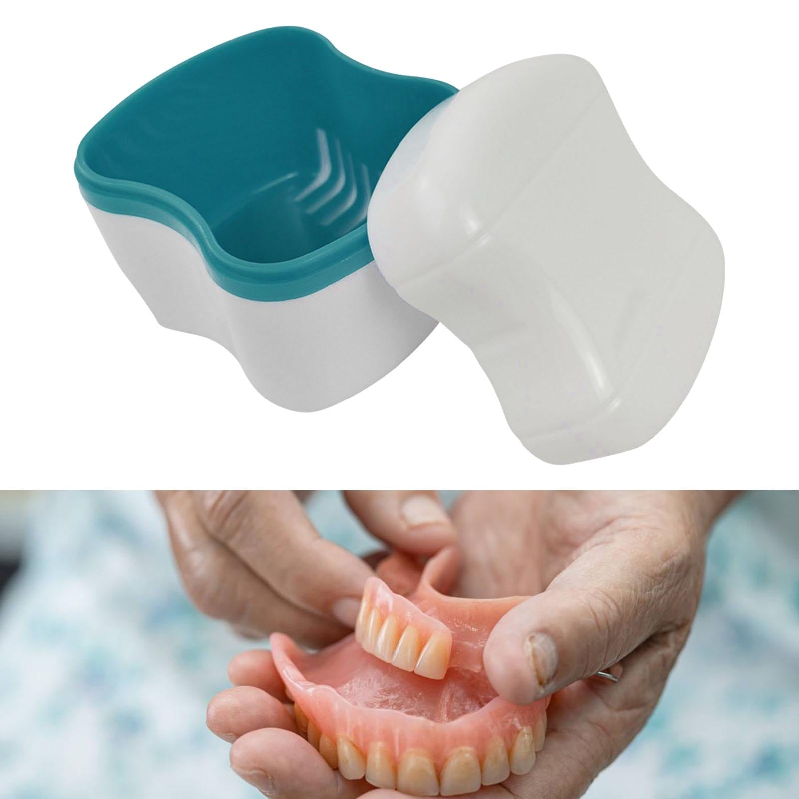 Denture Bath Box Organizer with Strainer Basket Teeth Portable  Lake Blue