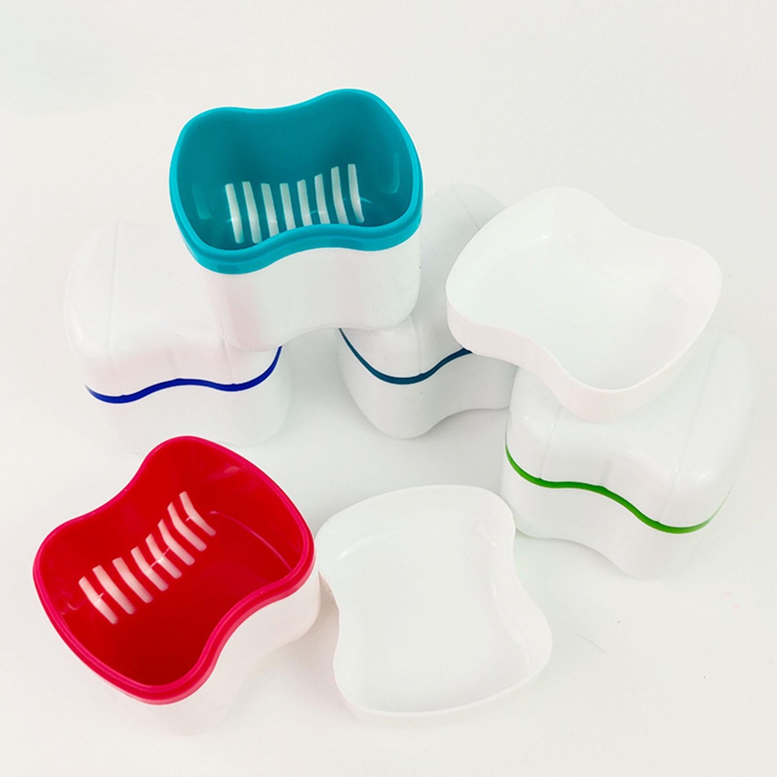 Denture Bath Box Organizer with Strainer Basket Teeth Portable  Lake Blue
