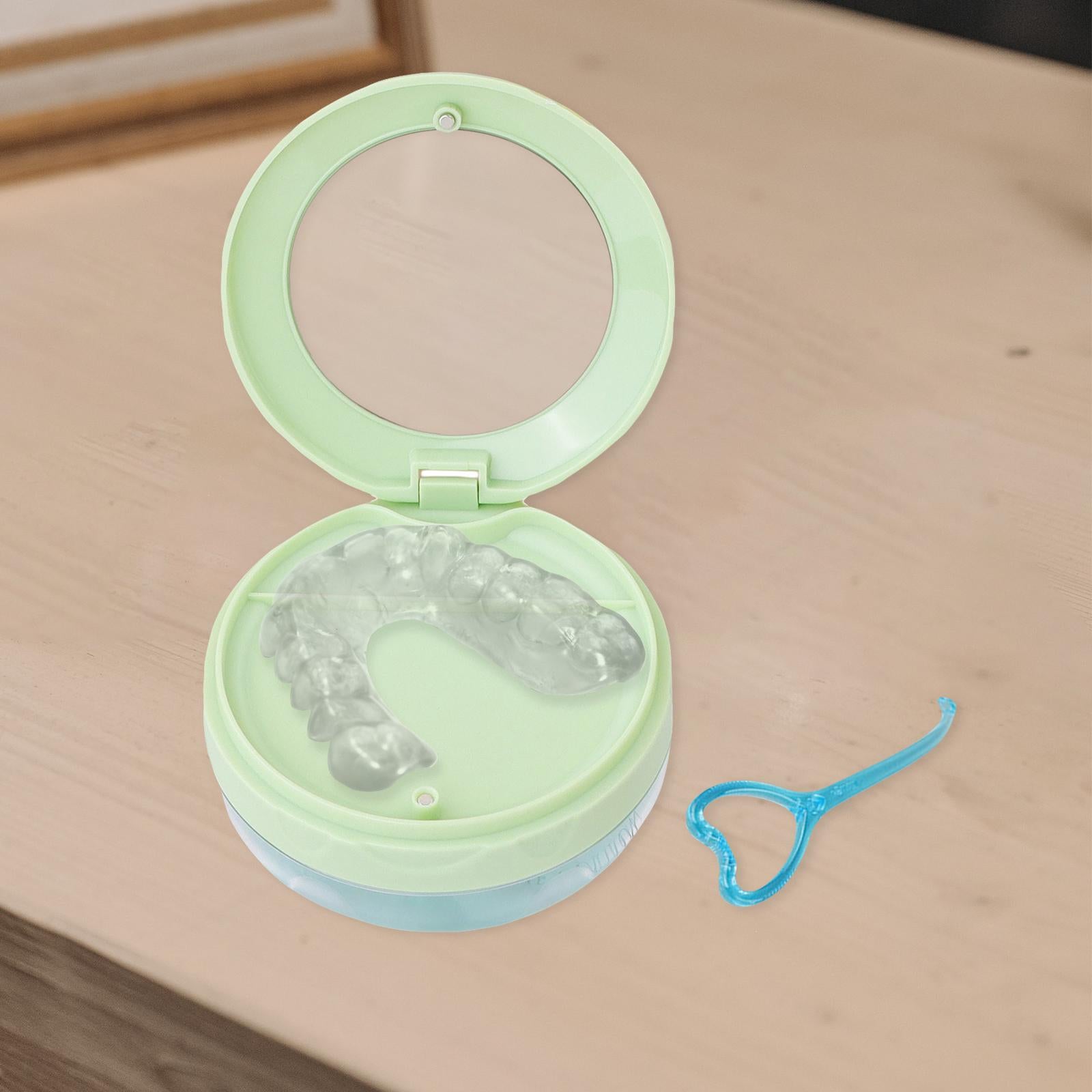 Braces Storage Box with Mirror Portable for Retainer Cleaning Women Teenager Green