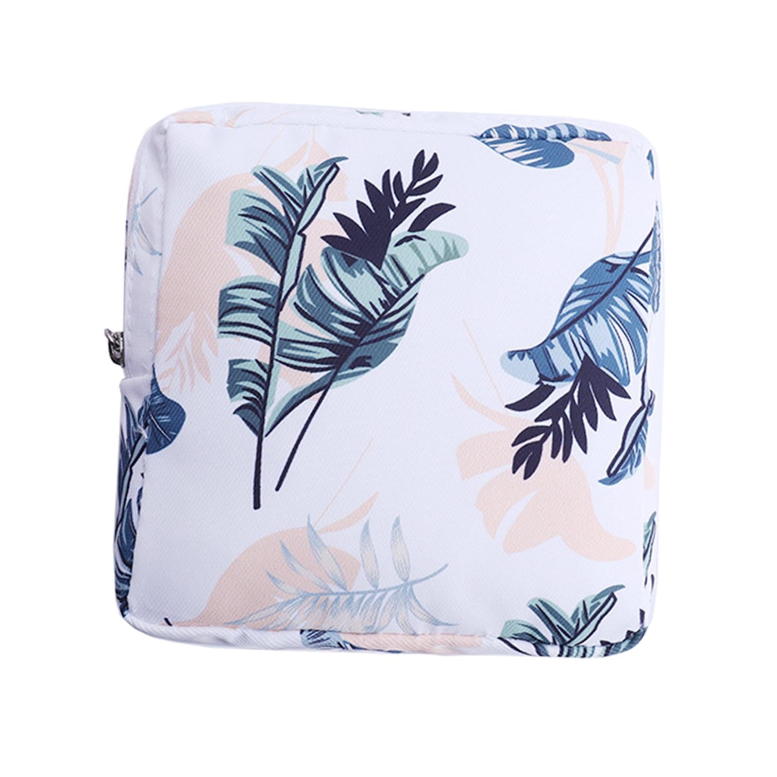 Washable Sanitary Napkin Storage Bag Toiletry Pouch Nursing Girls Ladies white leaves
