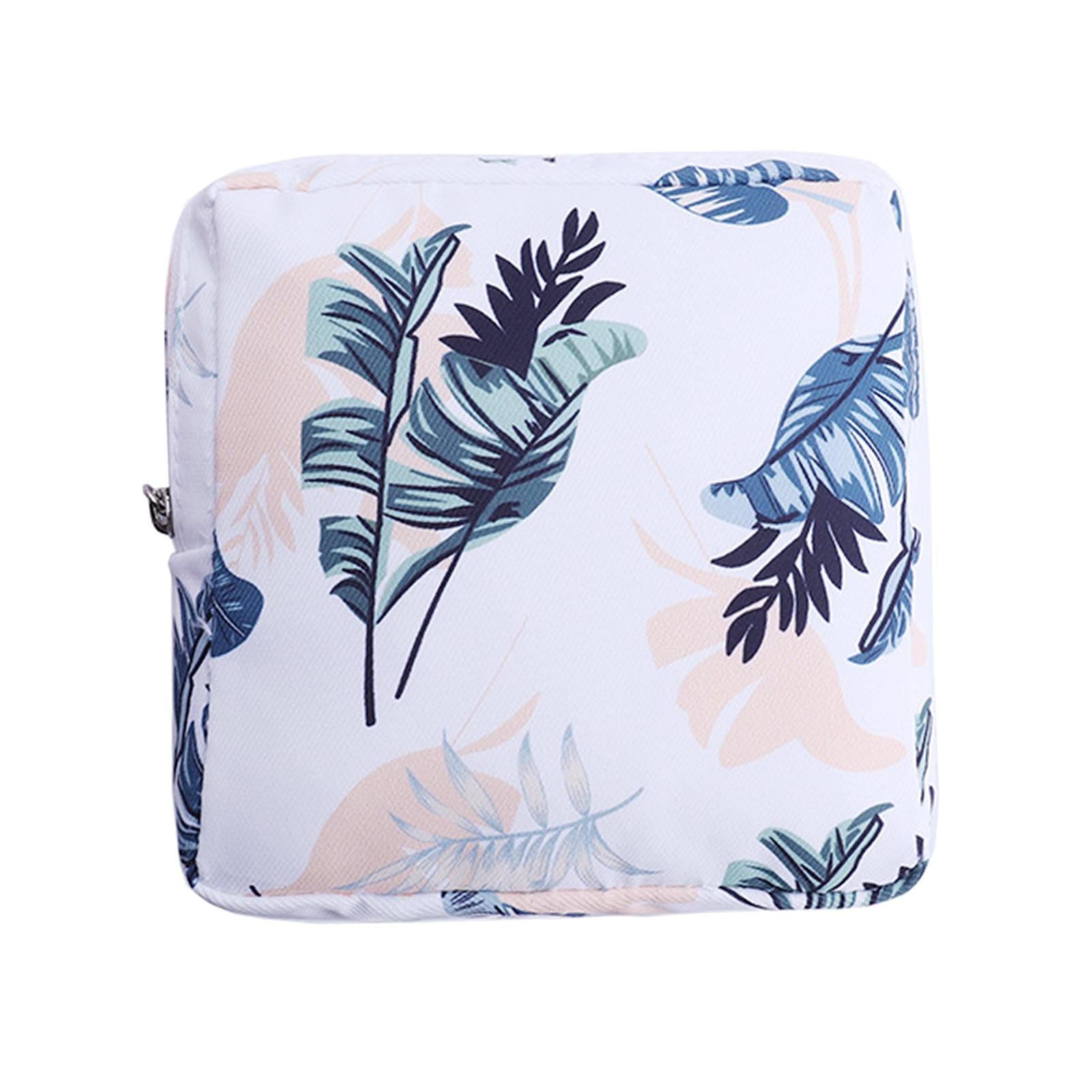 Washable Sanitary Napkin Storage Bag Toiletry Pouch Nursing Girls Ladies white leaves