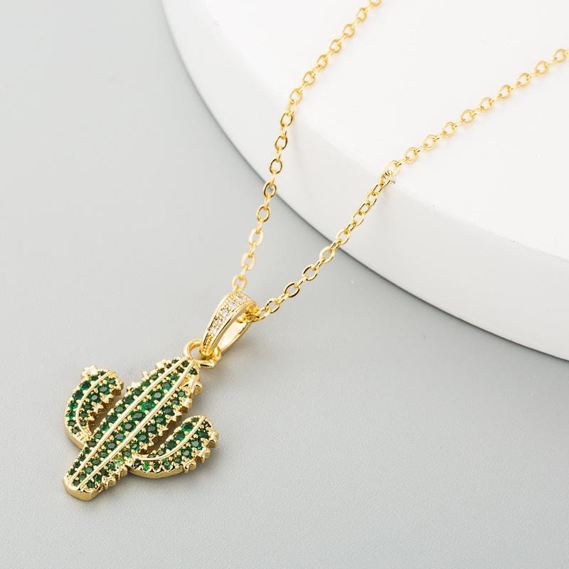 Simple Cactus Necklace Female Copper Plated 18K Gold Plant Pendant