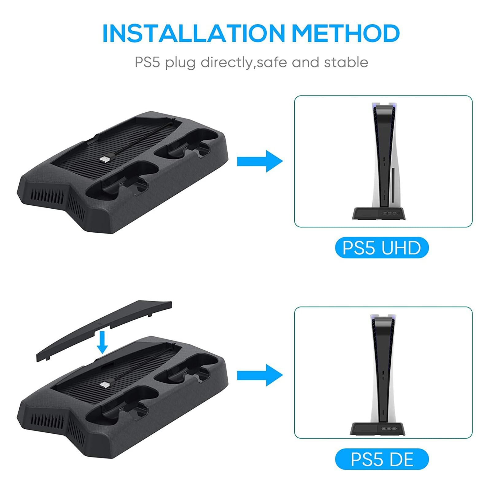 Black Vertical Stand With Cooling Fan Charging Dock for Playstation5 DE/UHD