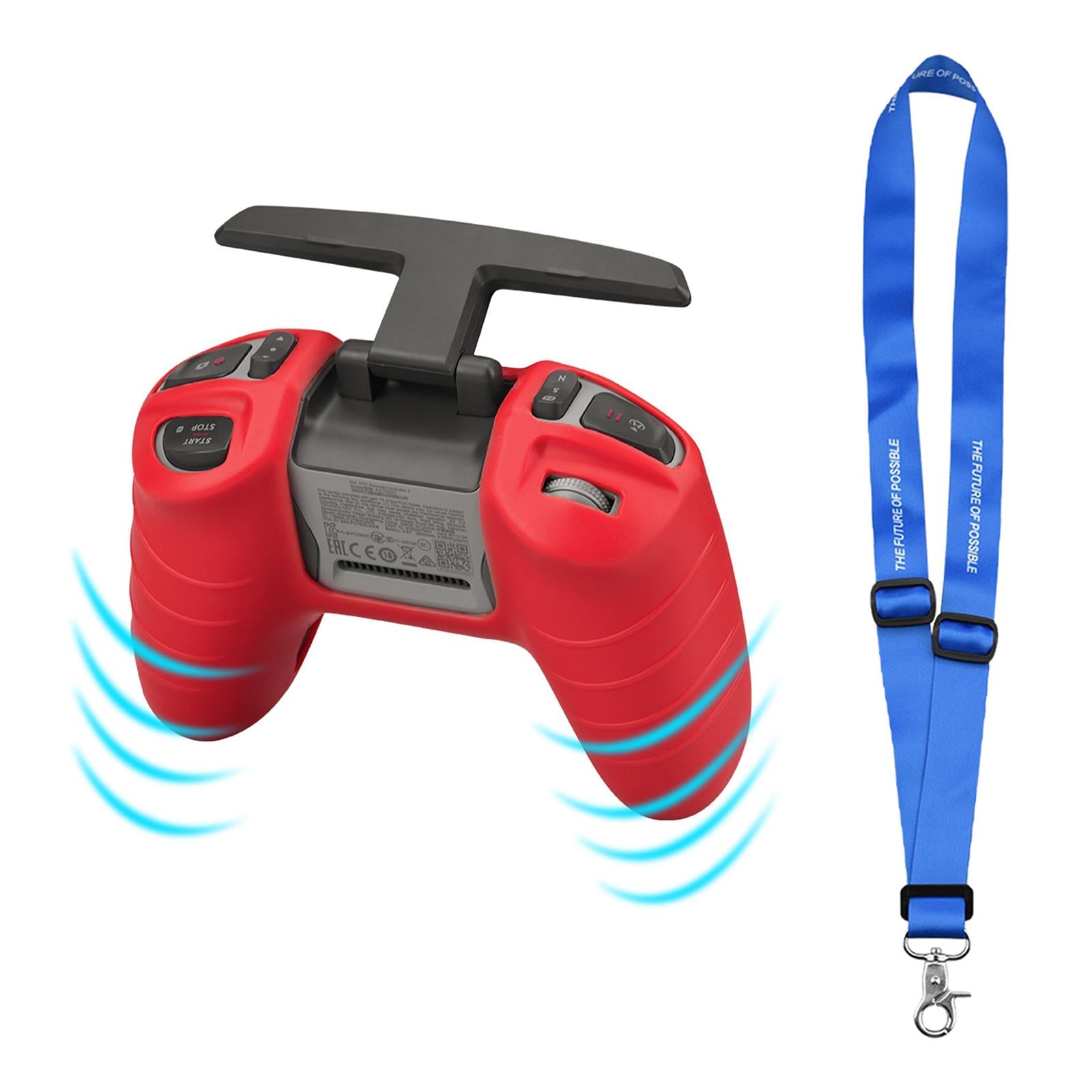 Protetcive Silicone Case Skin For DJI FPV Combo Remote Red+Blue Lanyard