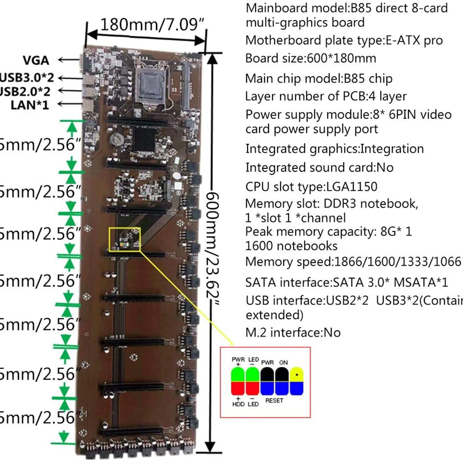 B85 1150 Pin Motherboard 4 USB3.0 LAN 8 PCIE 16X GPU Graphics Card Mainboard