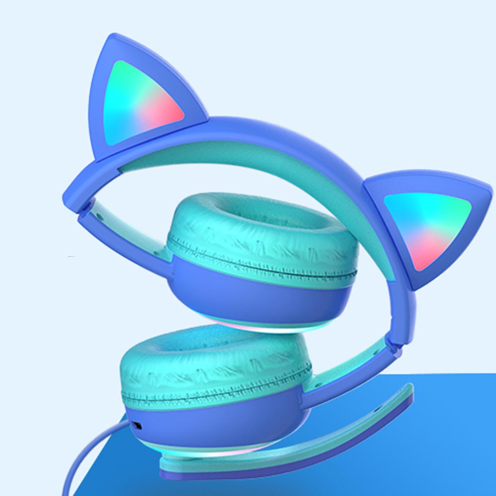 Kid LED Fashion Cute Cat Ear Headphones On-Ear Headsets with Mic Foldable Wired Dark Blue