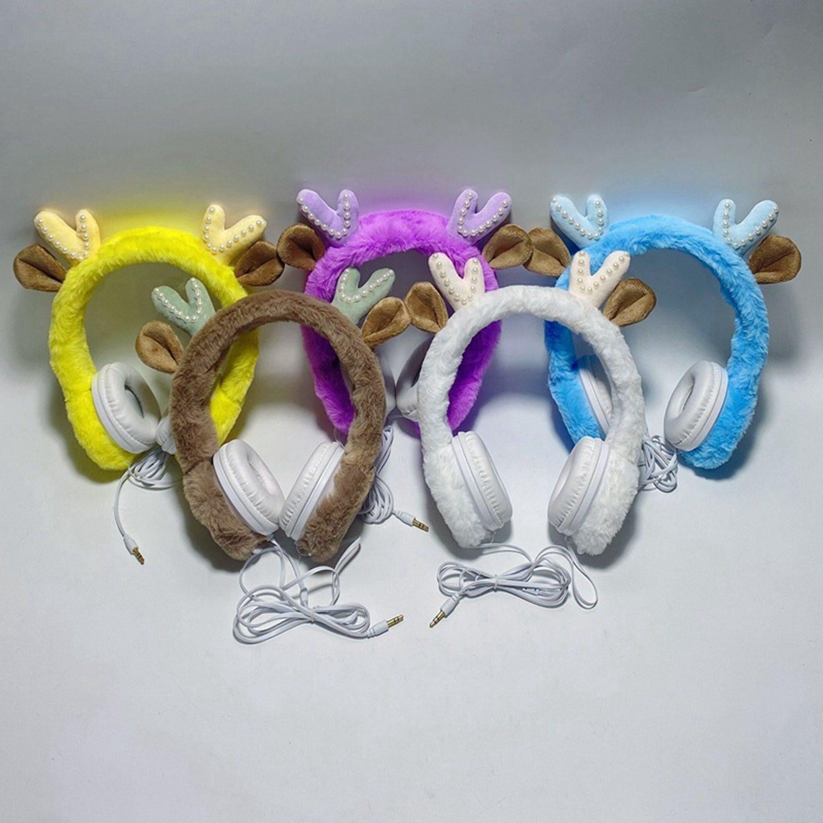 Wired Plush Antlers Headset with Microphone HiFi for Gaming Kid Adult Coffee