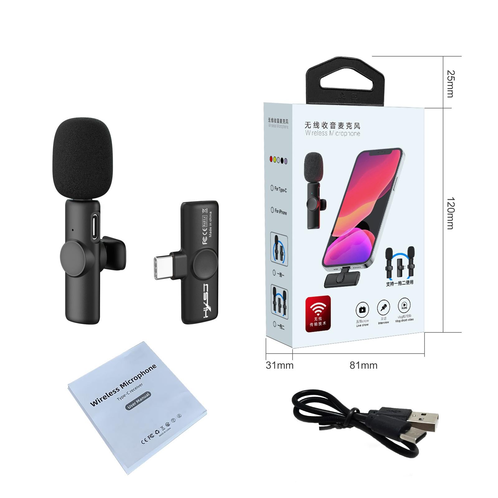 Wireless Lavalier Microphone 2.4G Type-C Synchronization for Video Vlog