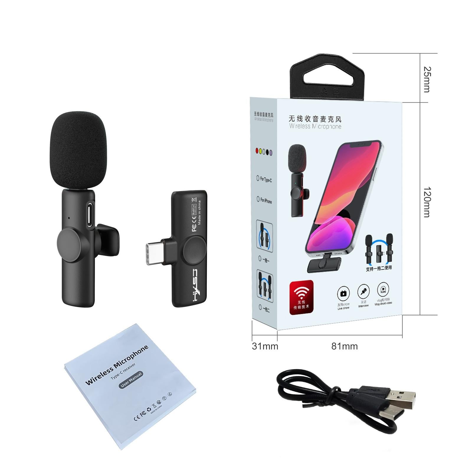 Wireless Lavalier Microphone 2.4G Type-C Synchronization for Video Vlog
