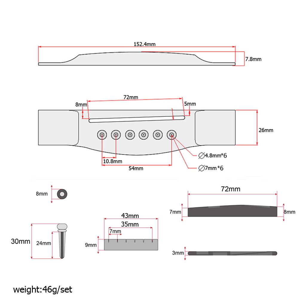 Wooden Bridge String Pegs Saddle Nut Kit for Acoustic Folk Guitar