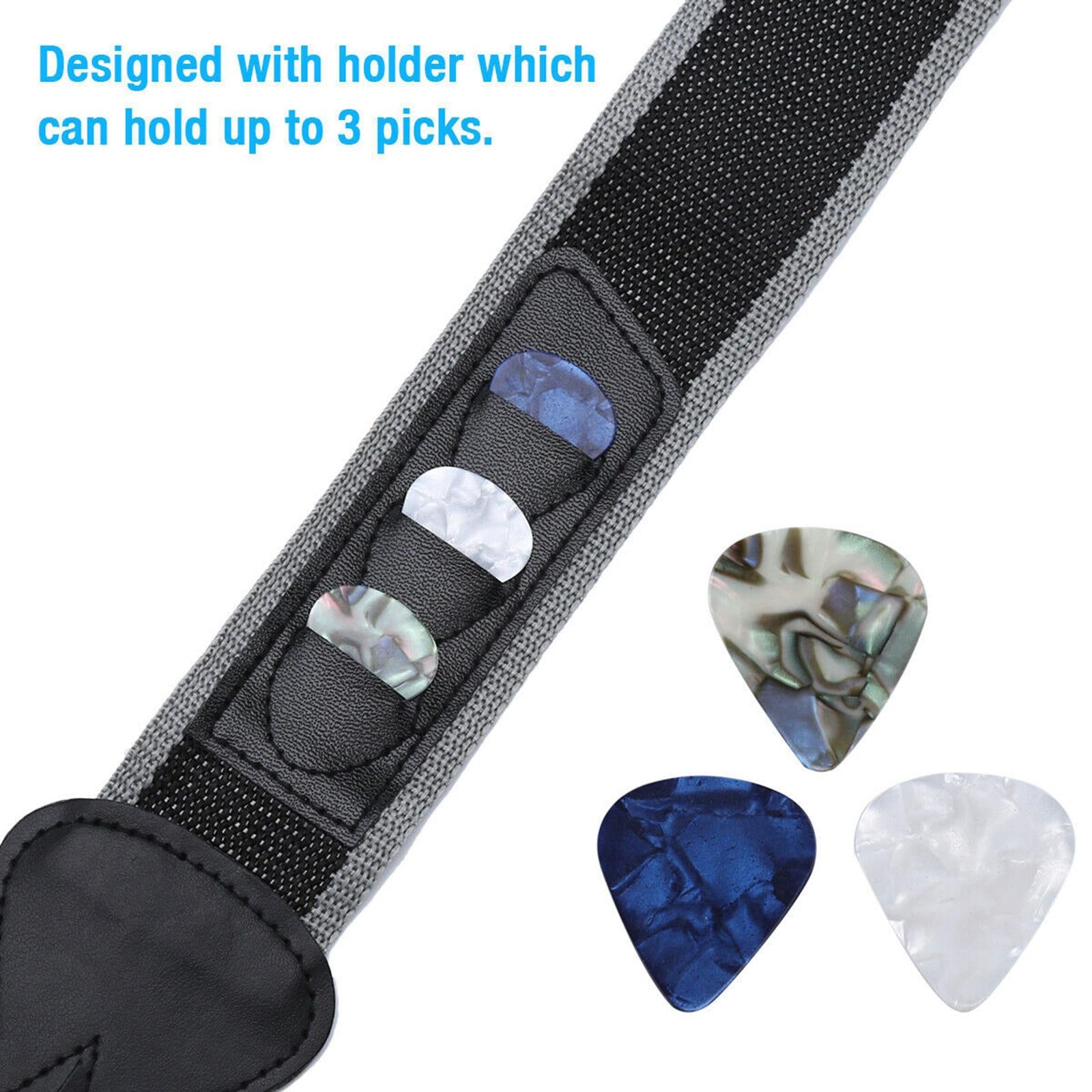 Soft Comfortable Shoulder Strap + 3pcs Pick Holders for Guitar Bass Black