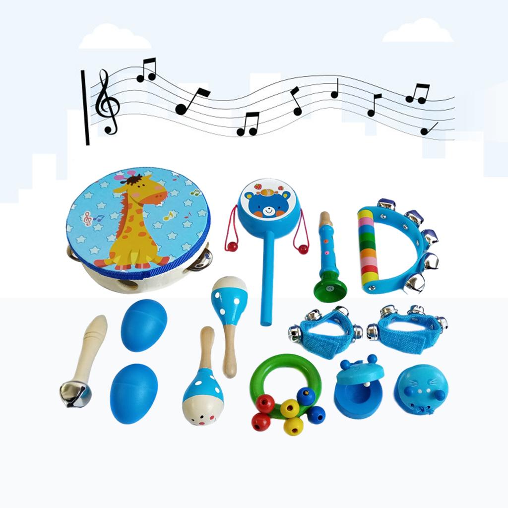Wooden Percussion Instruments Toy 10 Types Bell Drum Baby Toddlers blue