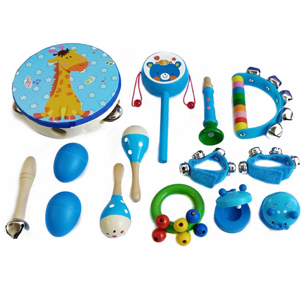 Wooden Percussion Instruments Toy 10 Types Bell Drum Baby Toddlers blue