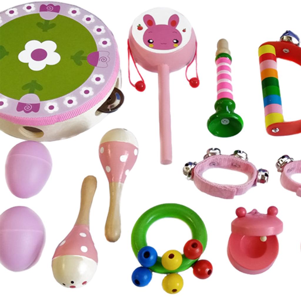 Wooden Percussion Instruments Toy 10 Types Bell Drum Baby Toddlers pink
