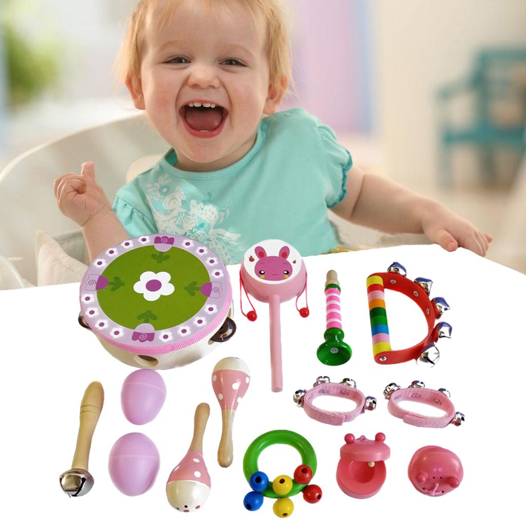 Wooden Percussion Instruments Toy 10 Types Bell Drum Baby Toddlers pink