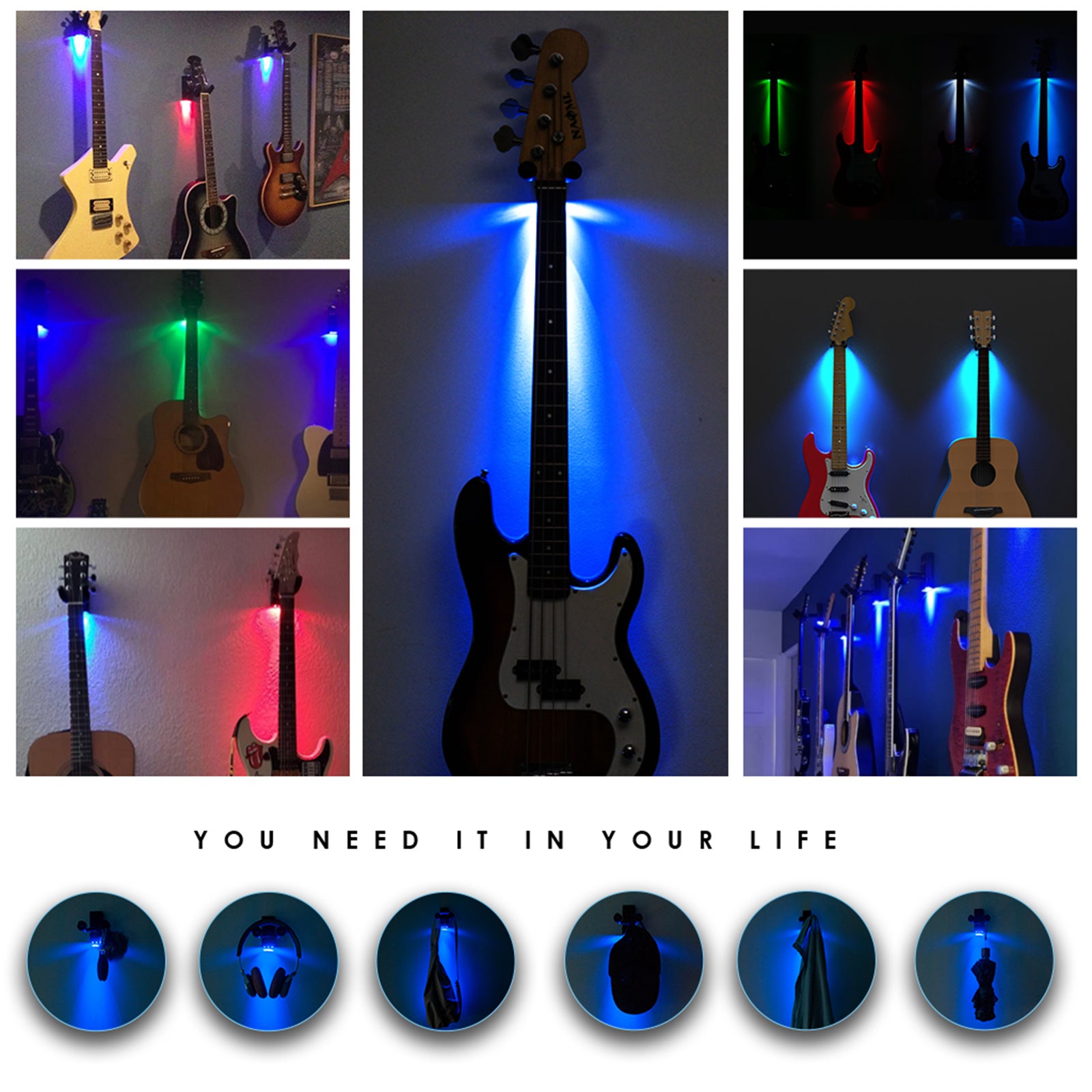 LED Guitar Wall Mount Bracket Support Stand Display for Banjo Ukulele Bass red light