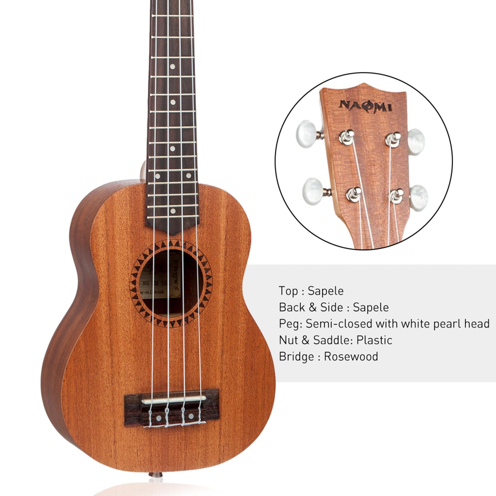 Wooden 21 inch Soprano Ukulele 4 Strings Accessories for Learning Starter