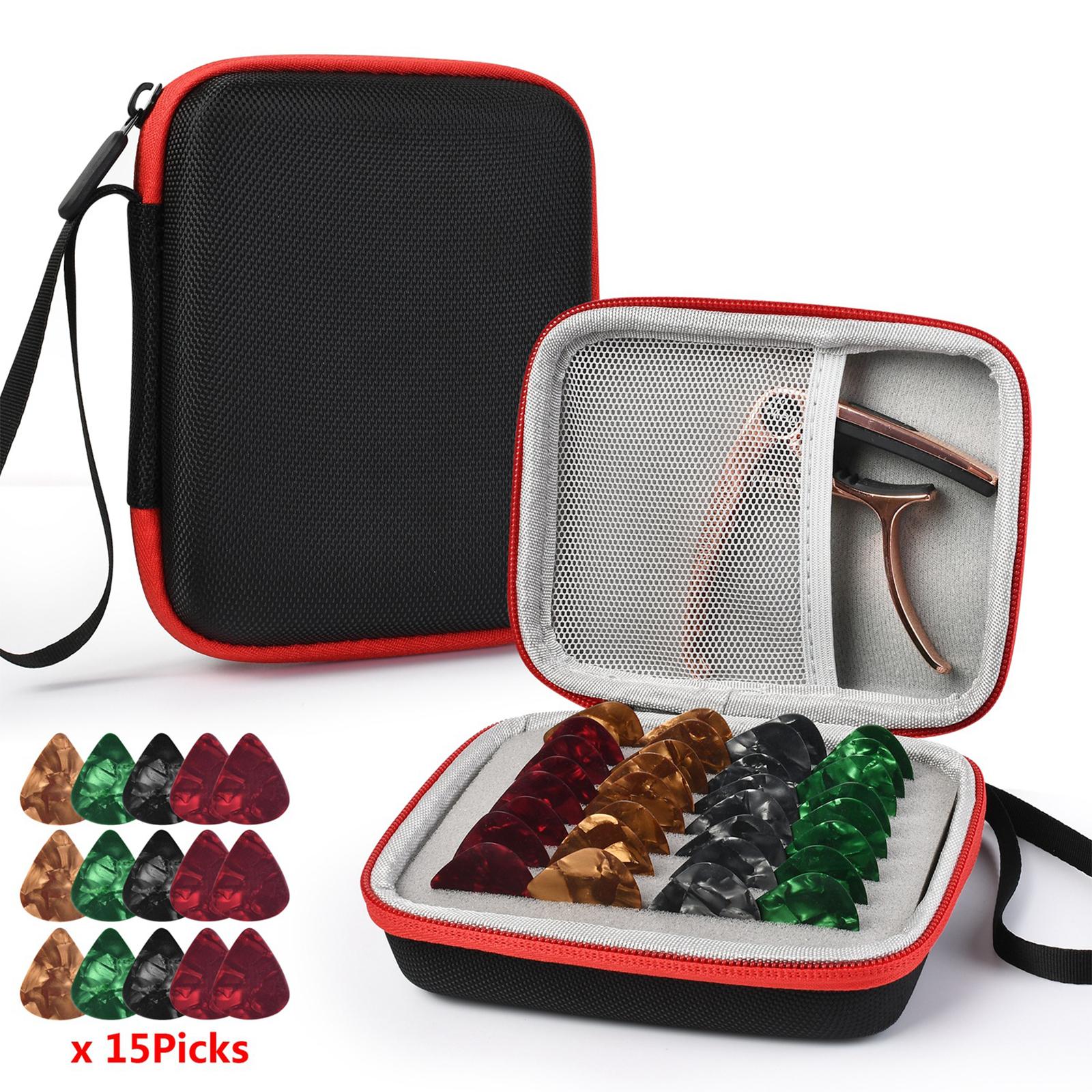 Guitar Pick Holder W/ 15 Guitar Picks Multi-Function Universal Protective Black Red